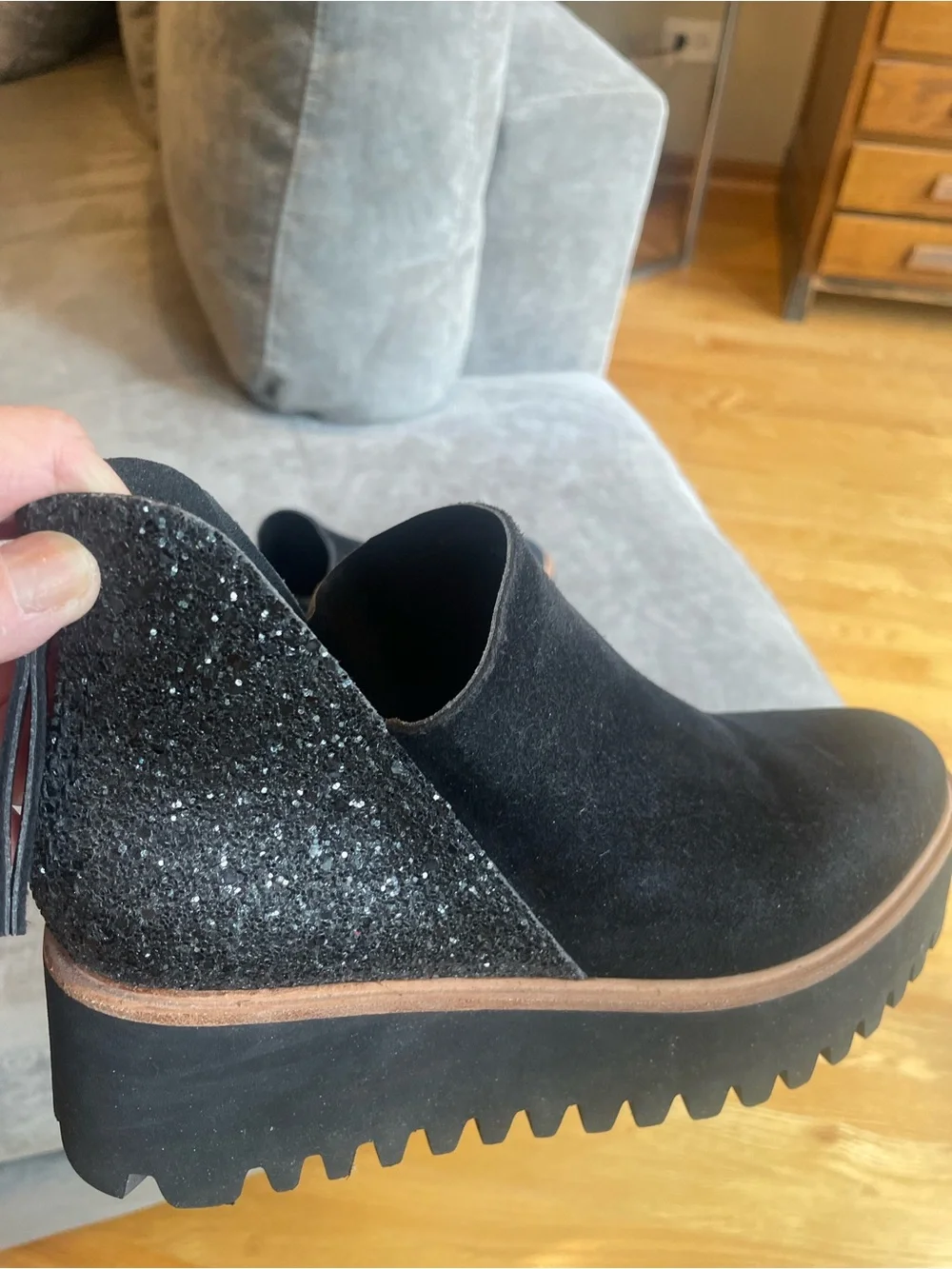 Women’s All Black Suede Platform Ankle Bootie with Sparkle Back.